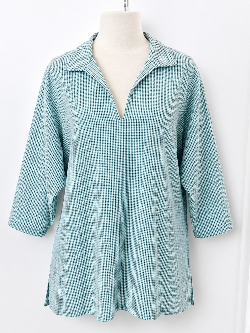 Lands End Womens 20-22 Seersucker Green Gingham Tunic Top 3/4 Sleeve Cottagecore